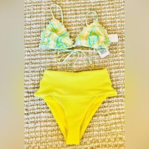 l*space Yellow High-Waist Bikini Bottom & Multicolor Striped Triangle Top